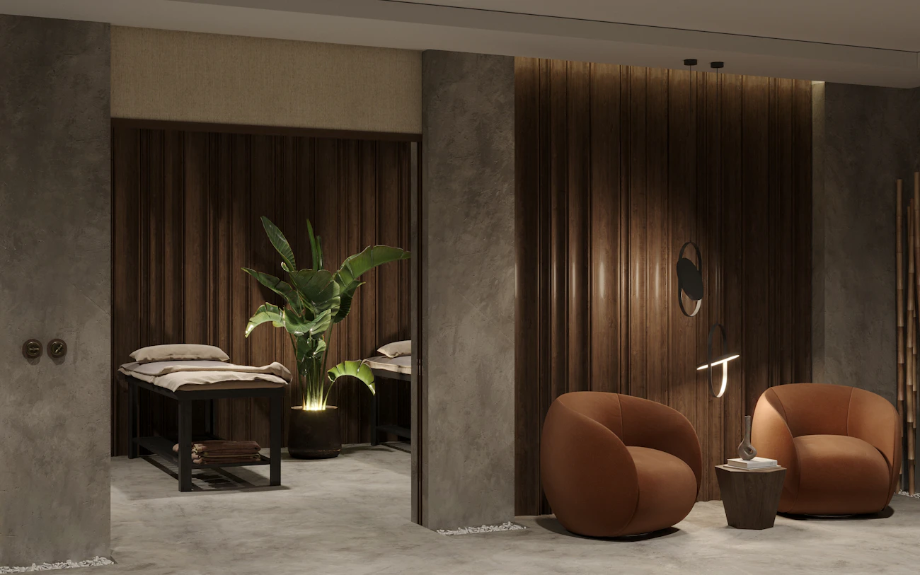 Recepción del centro de estética con paredes de madera natural y plantas
