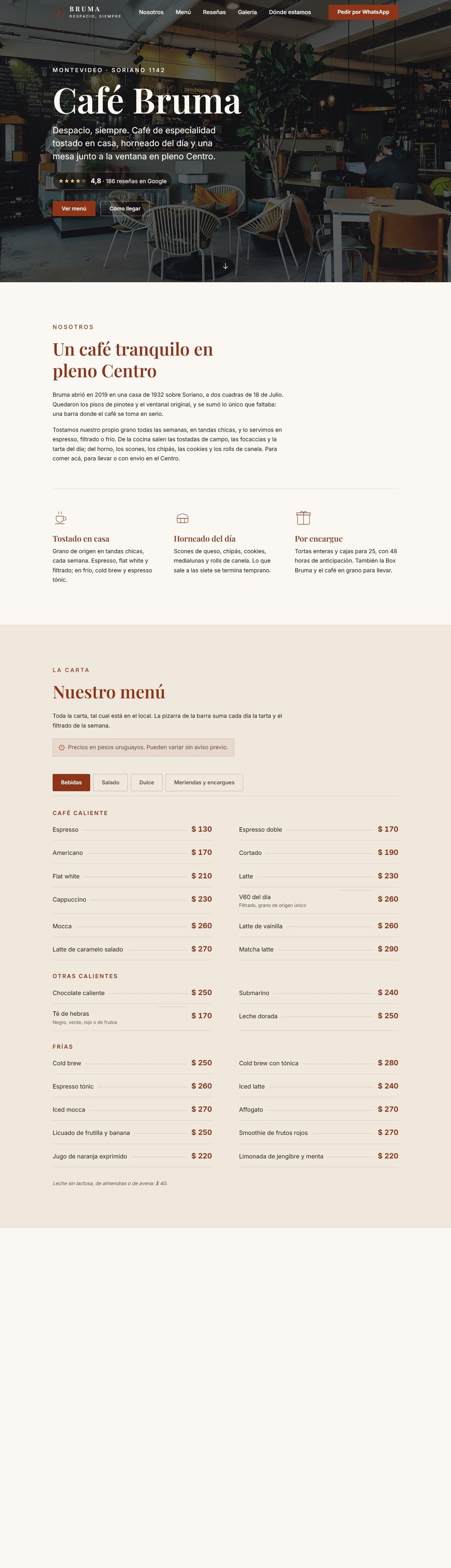 Captura del modelo de web para cafetería Café Bruma