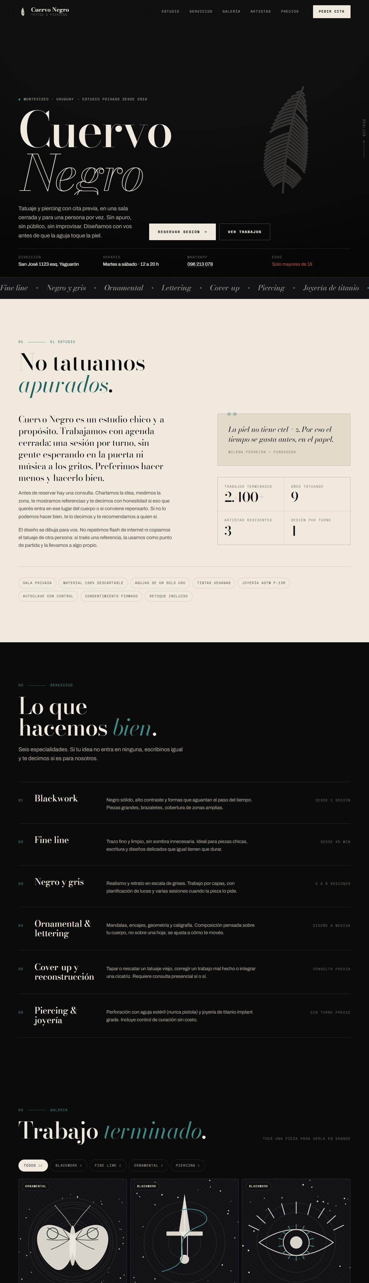 Captura del modelo de web para el estudio de tatuajes Cuervo Negro Tattoo & Piercing
