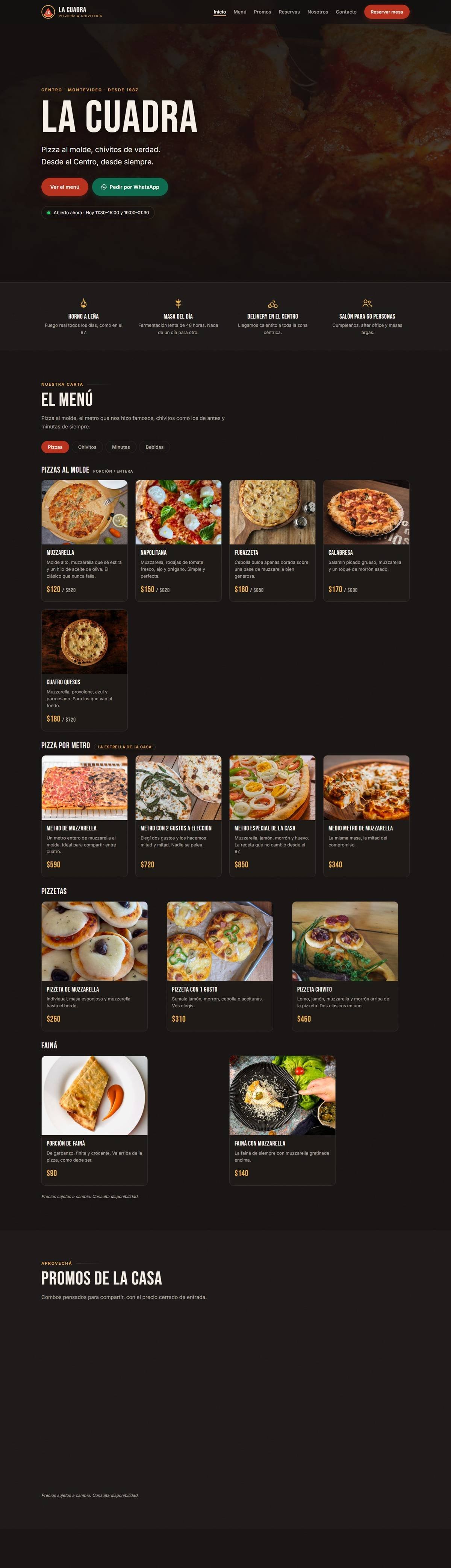 Captura del modelo de web para pizzería y chivitería La Cuadra